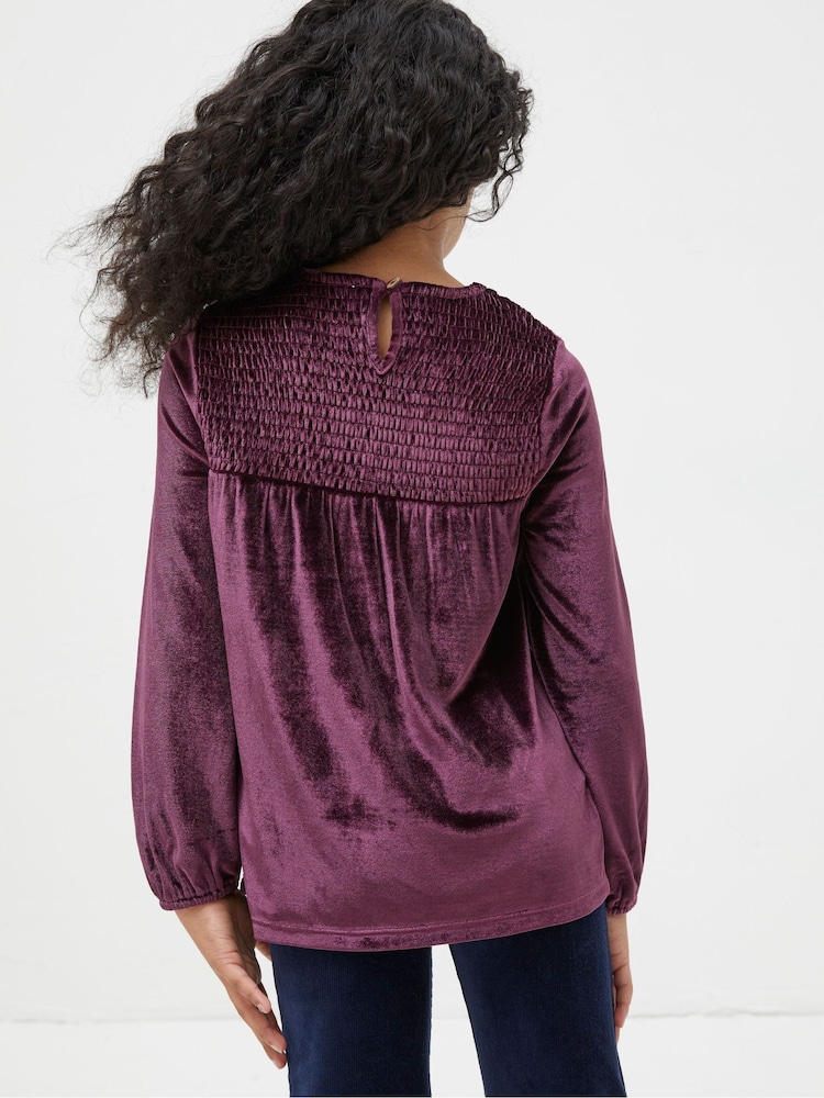 FatFace Purple Darcey Velvet Smocked Top - Image 2 of 3