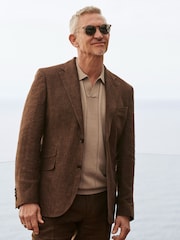 Brown Slim Fit Signature Leomaster Italian 100% Linen Suit Jacket - Image 1 of 12