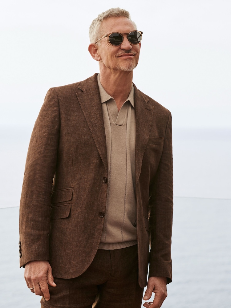 Brown Slim Fit Signature Leomaster Italian 100% Linen Suit Jacket - Image 1 of 12
