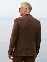Brown Slim Fit Signature Leomaster Italian 100% Linen Suit Jacket - Image 3 of 12