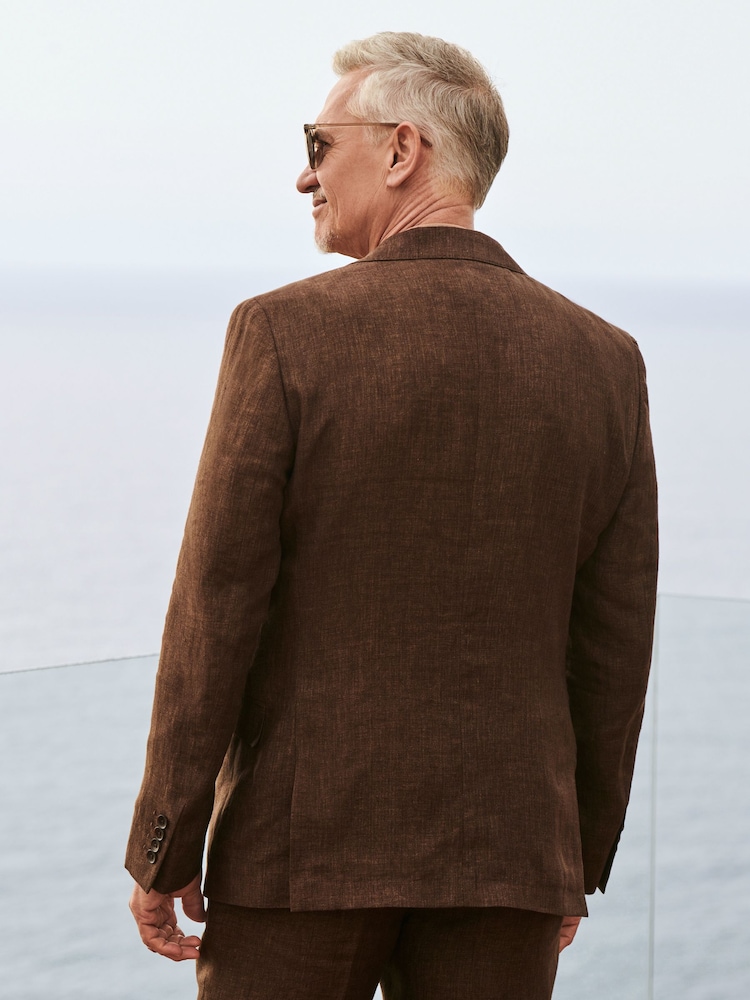 Brun - Slim Fit  Signature Leomaster Italiensk 100% Linned Jakkesæt Jakke - Image 3 of 12