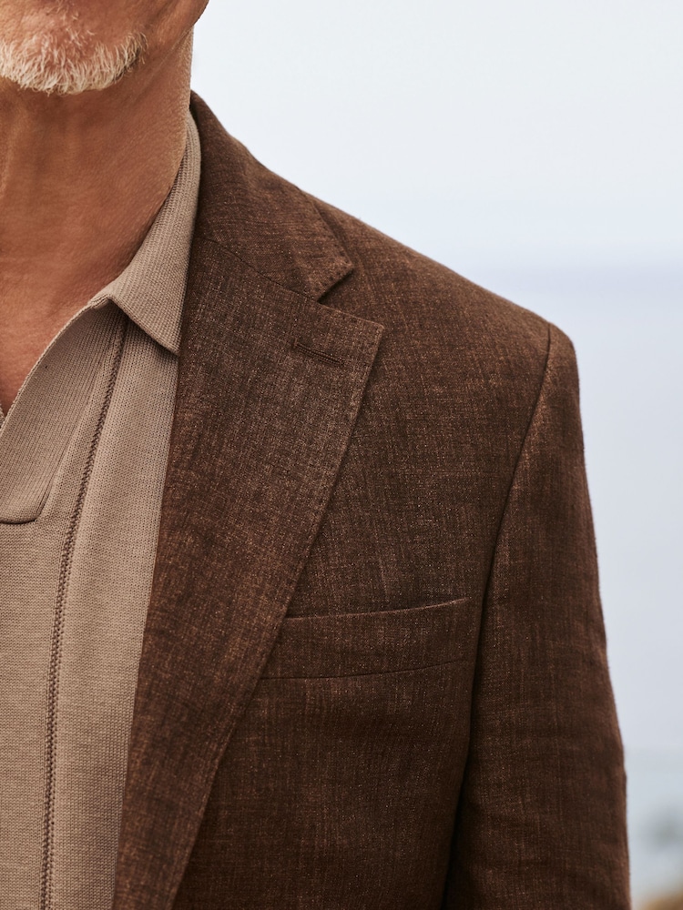Brun - Slim Fit  Signature Leomaster Italiensk 100% Linned Jakkesæt Jakke - Image 5 of 12