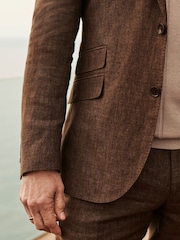 Brown Slim Fit Signature Leomaster Italian 100% Linen Suit Jacket - Image 6 of 12