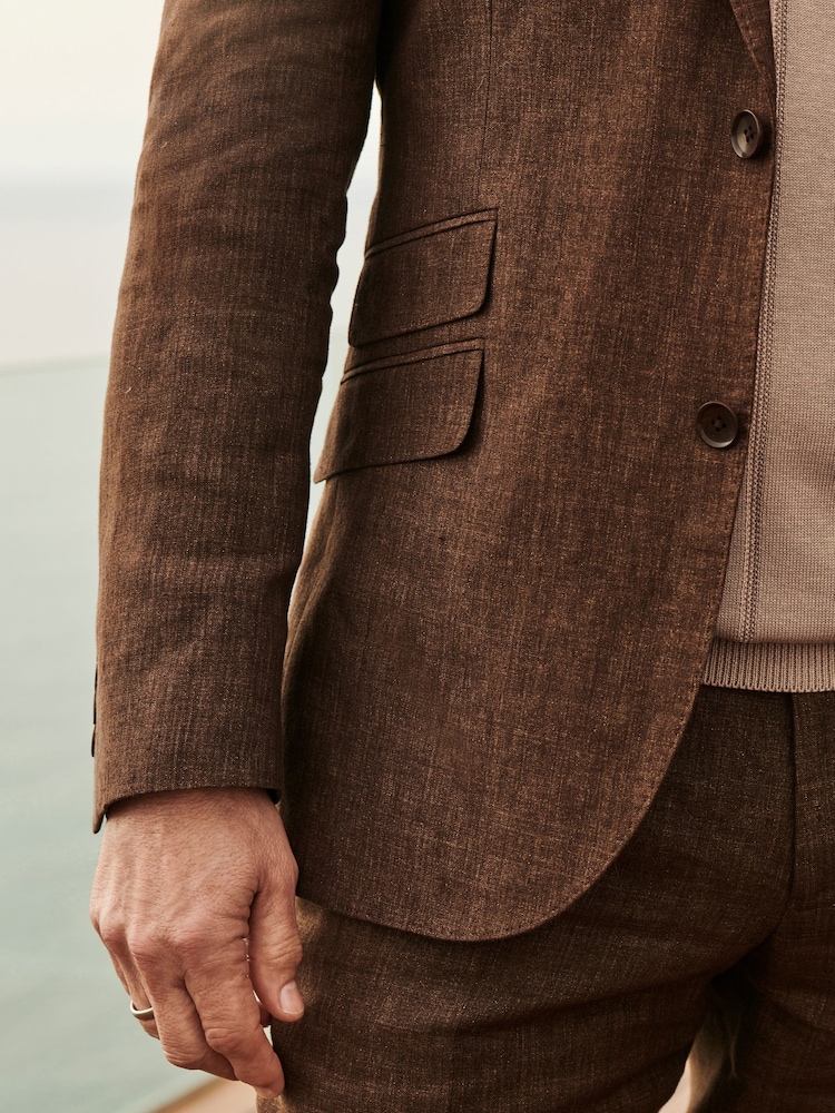 Brun - Slim Fit  Signature Leomaster Italiensk 100% Linned Jakkesæt Jakke - Image 6 of 12