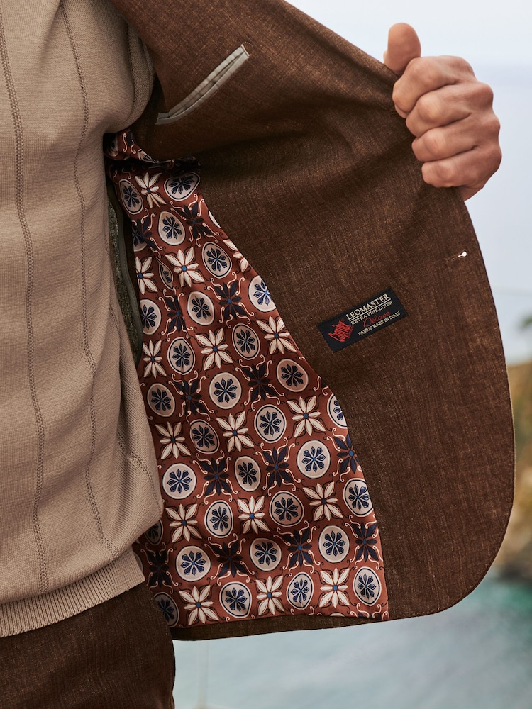 Brun - Slim Fit  Signature Leomaster Italiensk 100% Linned Jakkesæt Jakke - Image 7 of 12