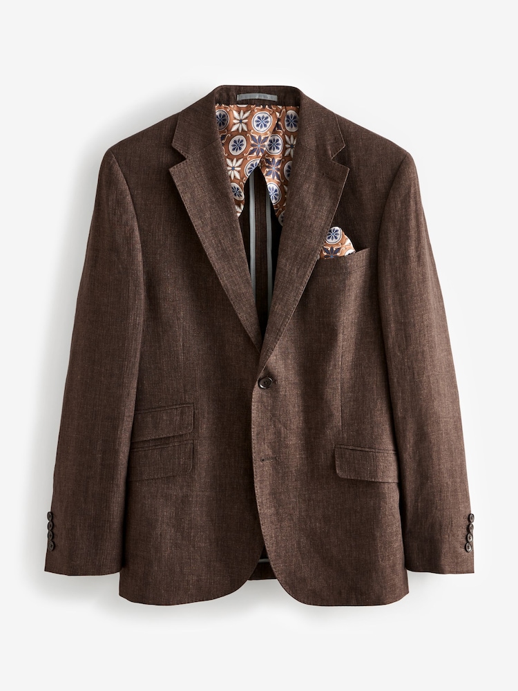 Brun - Slim Fit  Signature Leomaster Italiensk 100% Linned Jakkesæt Jakke - Image 8 of 12