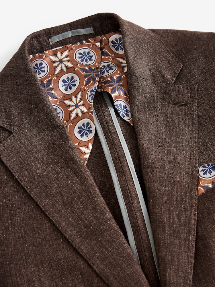 Brun - Slim Fit  Signature Leomaster Italiensk 100% Linned Jakkesæt Jakke - Image 9 of 12