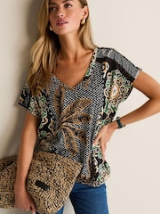 Black Palm Print V-Neck Bubble Hem Top - Image 1 of 6