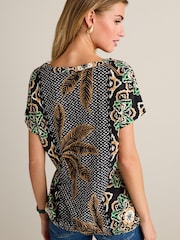 Black Palm Print V-Neck Bubble Hem Top - Image 3 of 6