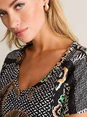 Black Palm Print V-Neck Bubble Hem Top - Image 4 of 6