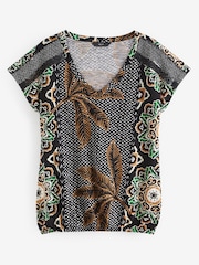 Black Palm Print V-Neck Bubble Hem Top - Image 5 of 6
