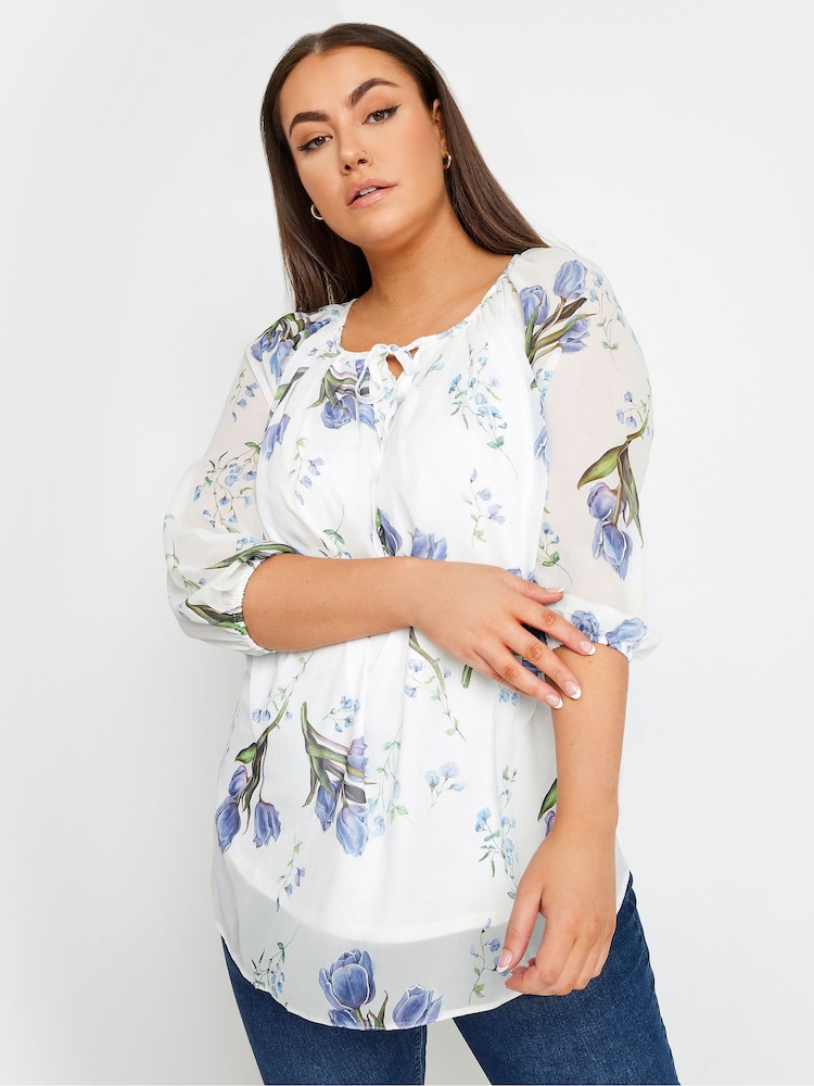 Yours Curve White Floral Print Tie Neck Blouse - Image 1 of 4