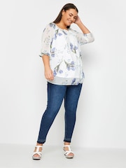 Yours Curve White Floral Print Tie Neck Blouse - Image 2 of 4