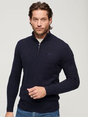 Superdry Blue Essential Embroided Knitwear Henley Jumper - Image 1 of 6