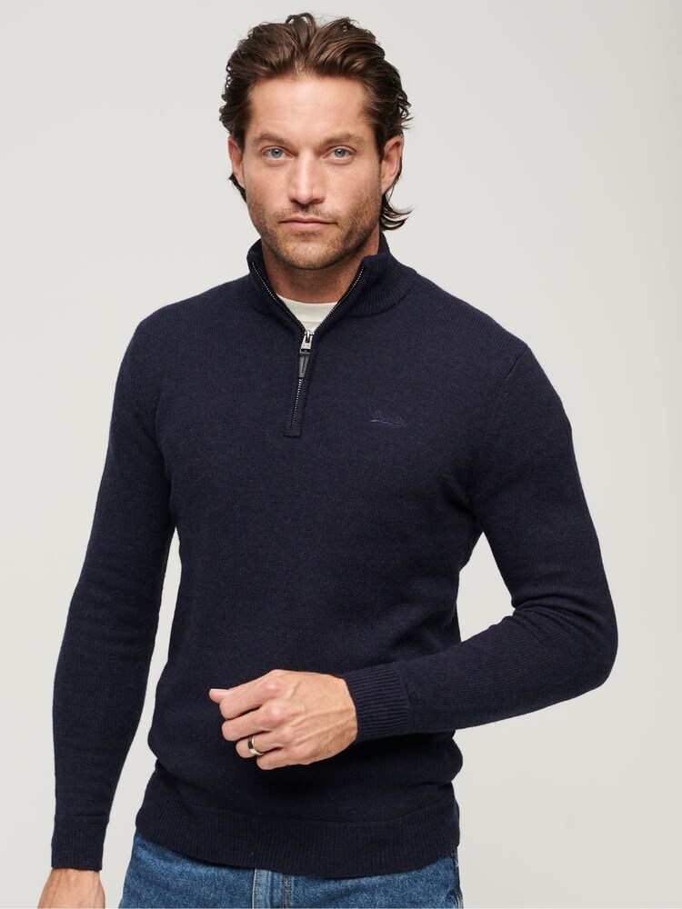 Superdry Blue Essential Embroided Knitwear Henley Jumper - Image 1 of 6