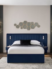 Soft Velvet Navy Blue Mayfair Upholstered Hotel Bed Frame with Ottoman Storage Bedside Tables and Lights - Image 1 of 12