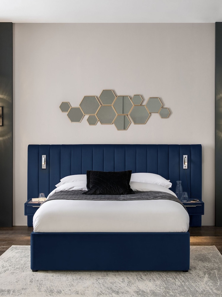 Soft Velvet Navy Blue Mayfair Upholstered Hotel Bed Frame with Ottoman Storage Bedside Tables and Lights - Image 1 of 12