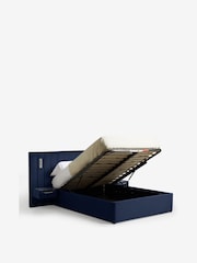 Soft Velvet Navy Blue Mayfair Upholstered Hotel Bed Frame with Ottoman Storage Bedside Tables and Lights - Image 10 of 12