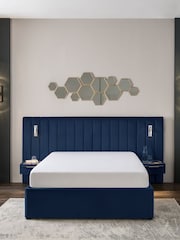 Soft Velvet Navy Blue Mayfair Upholstered Hotel Bed Frame with Ottoman Storage Bedside Tables and Lights - Image 2 of 12