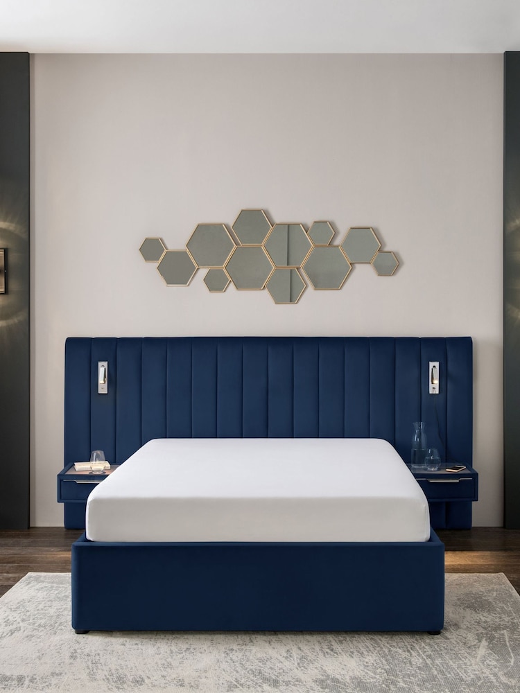 Soft Velvet Navy Blue Mayfair Upholstered Hotel Bed Frame with Ottoman Storage Bedside Tables and Lights - Image 2 of 12