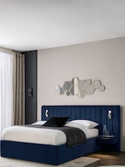 Soft Velvet Navy Blue Mayfair Upholstered Hotel Bed Frame with Ottoman Storage Bedside Tables and Lights - Image 3 of 12