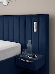 Soft Velvet Navy Blue Mayfair Upholstered Hotel Bed Frame with Ottoman Storage Bedside Tables and Lights - Image 6 of 12