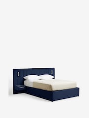 Soft Velvet Navy Blue Mayfair Upholstered Hotel Bed Frame with Ottoman Storage Bedside Tables and Lights - Image 9 of 12