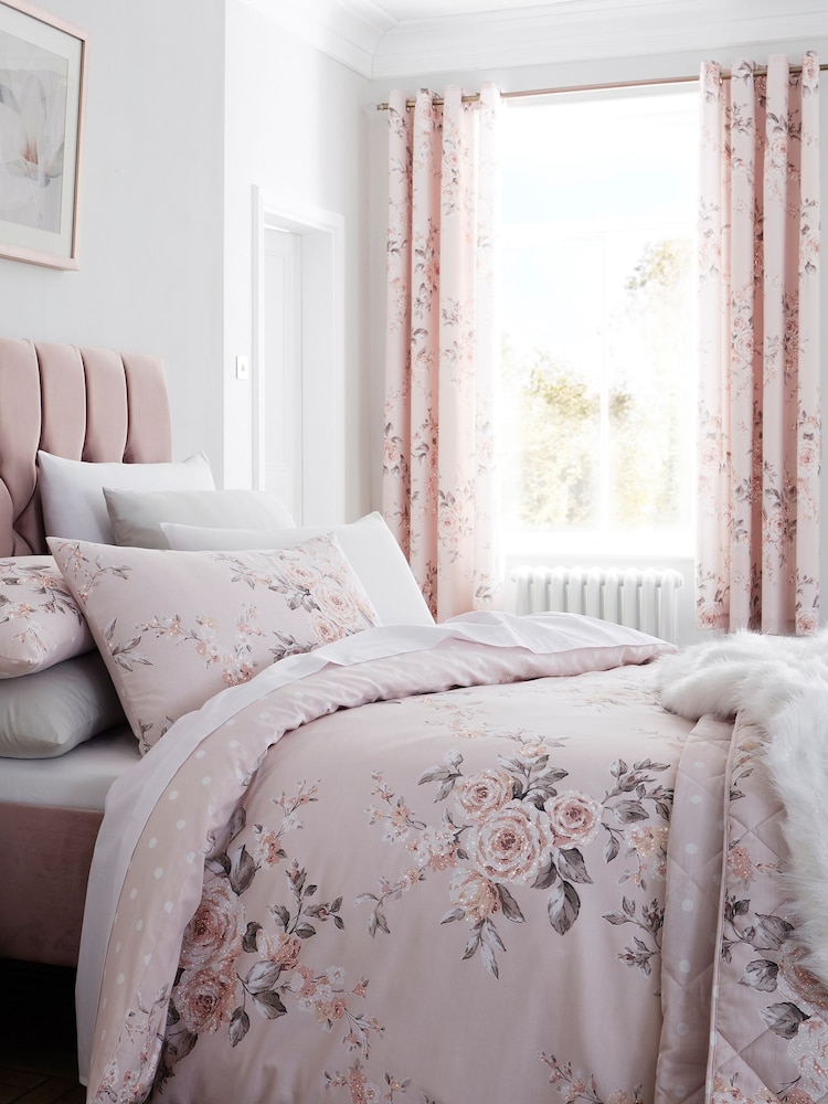 Catherine Lansfield Pink Canterbury Floral Eyelet Curtains - Image 3 of 4