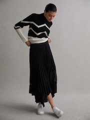 Reiss Black Dina Pleated Layered Asymmetric Midi Skirt - Image 1 of 5