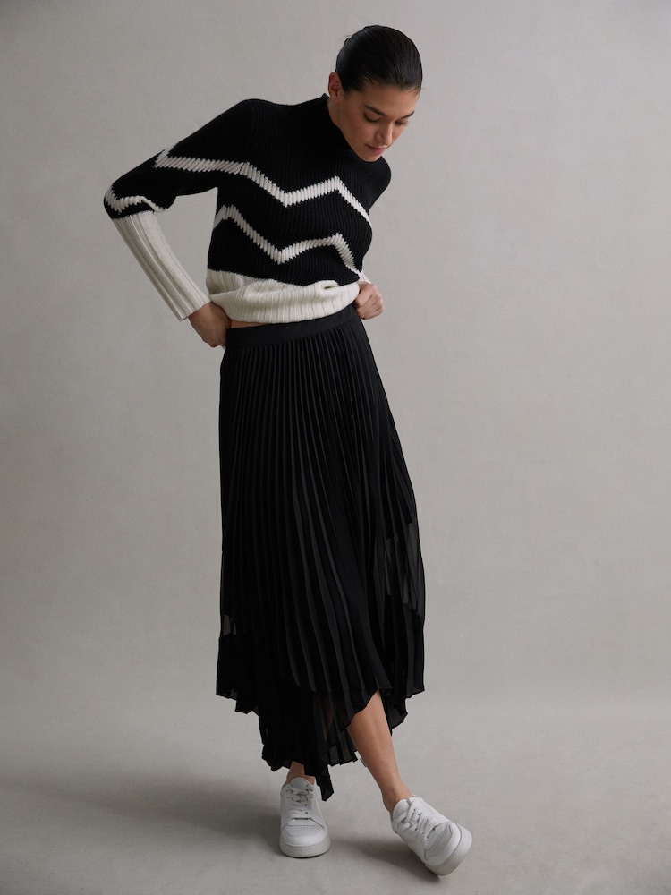 Reiss Black Dina Pleated Layered Asymmetric Midi Skirt - Image 1 of 5