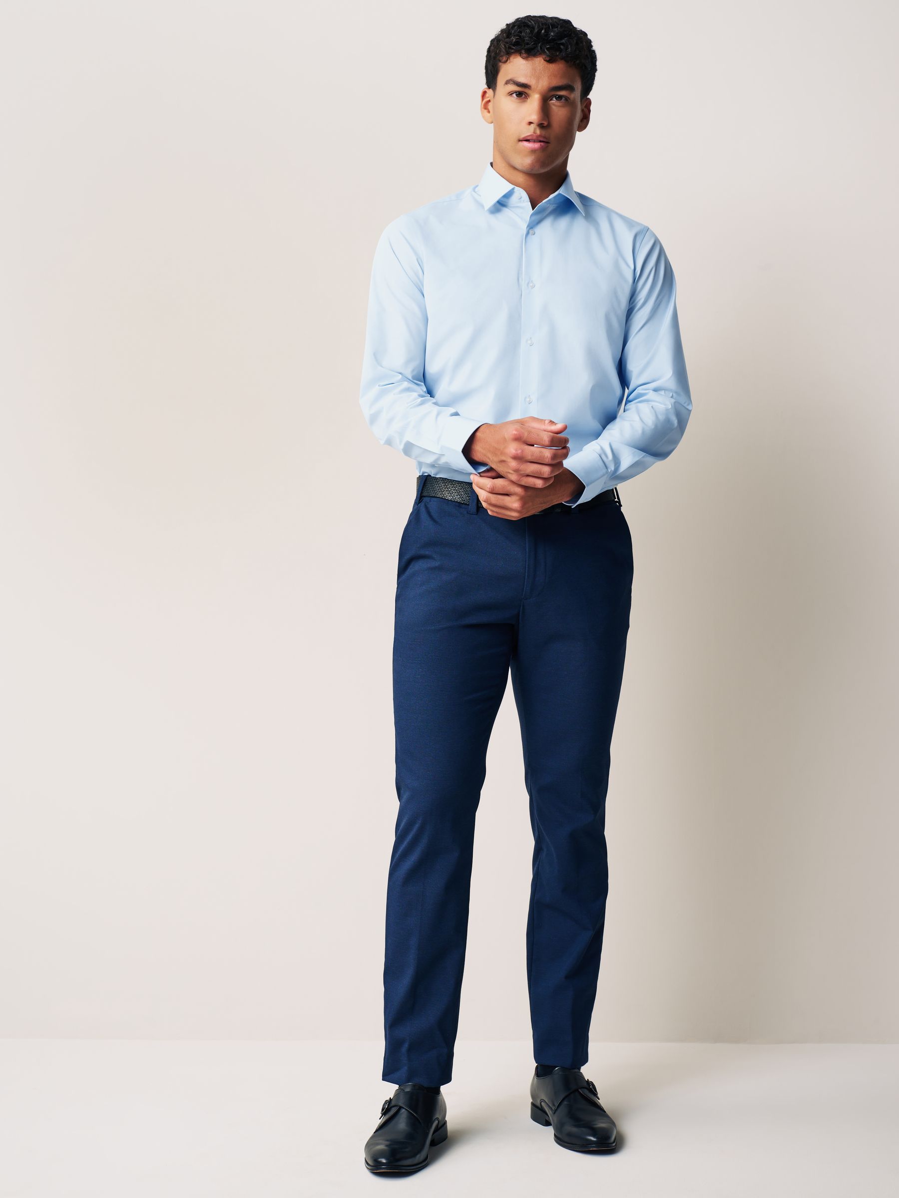 Blue Long Sleeve Shirt with contract trimming // Dual cuffs// contemporary fit main image 0
