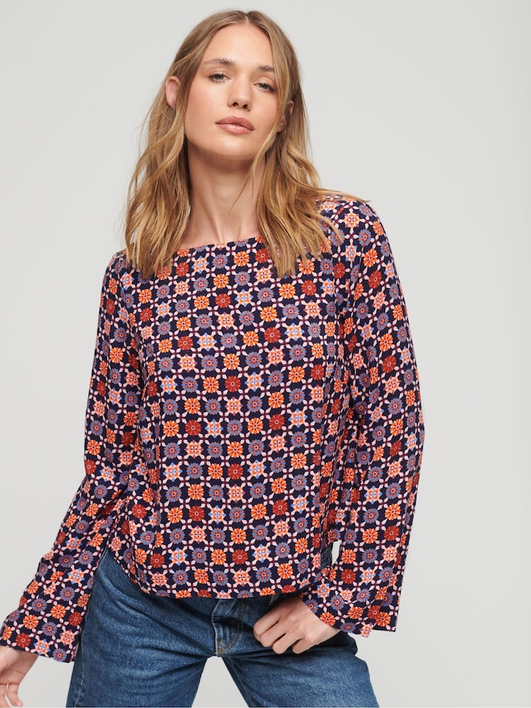 Superdry White Printed Flared Woven Top - Image 1 of 5