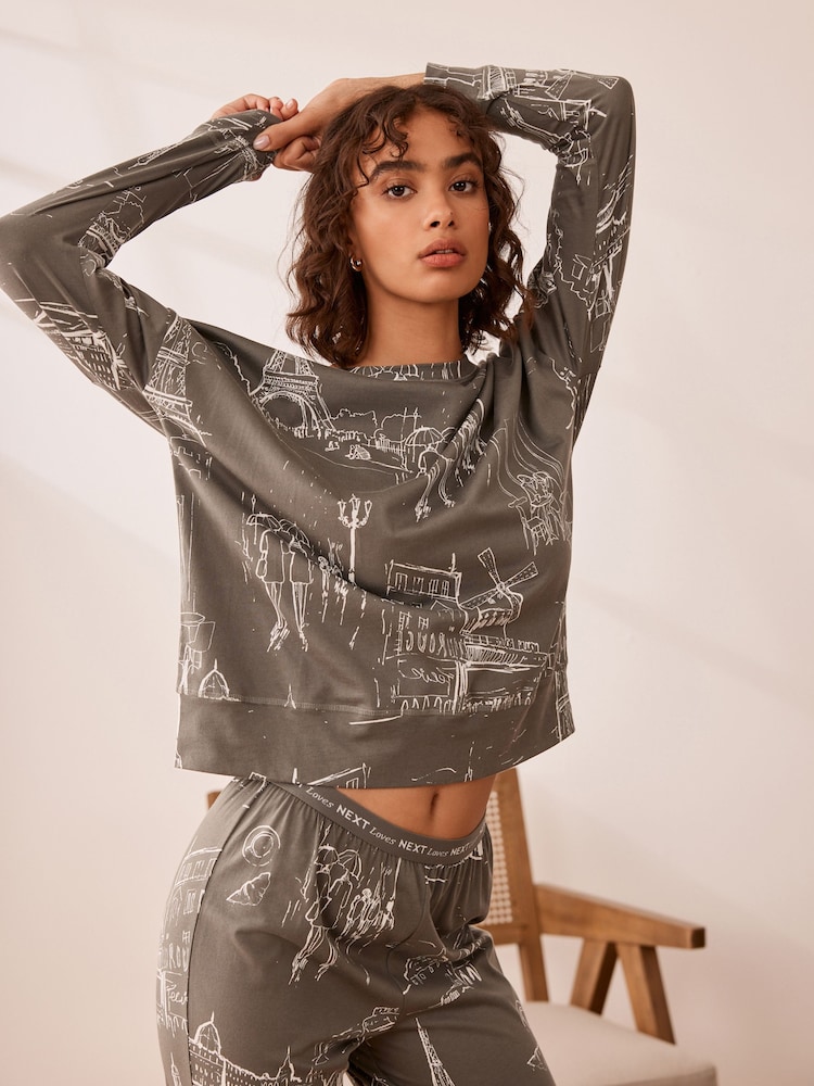 Khaki Eiffel Tower Cotton Long Sleeve Pyjamas - Image 1 of 10
