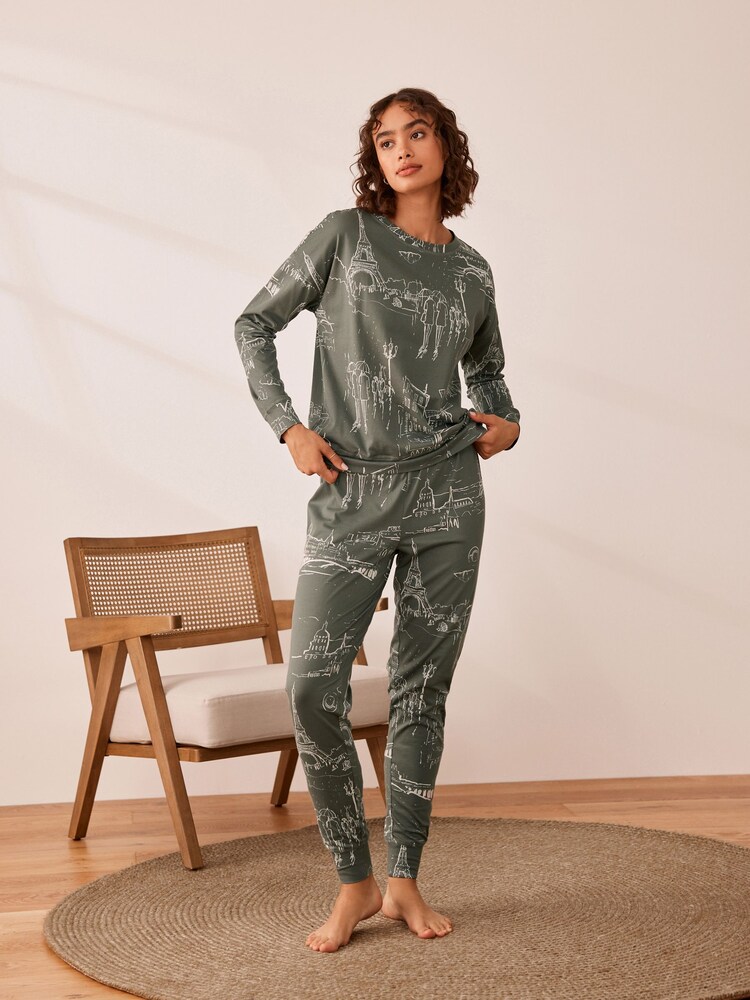 Khaki Eiffel Tower Cotton Long Sleeve Pyjamas - Image 2 of 10