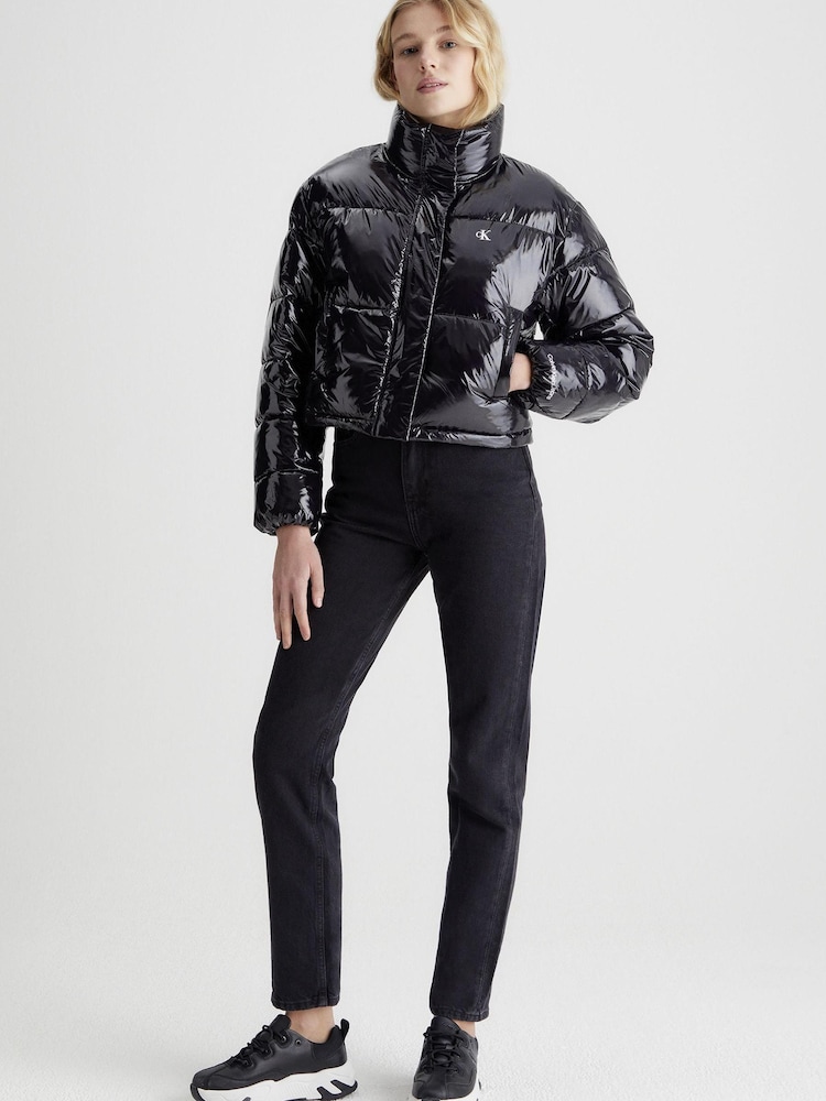 Calvin Klein Jeans Cropped Shiny Puffer Black Jacket - Image 1 of 4