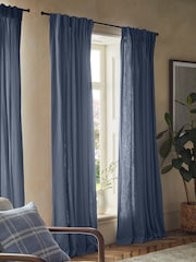Blue Washed Cotton Linen Hidden Tab Top Lined Curtains - Image 7 of 8