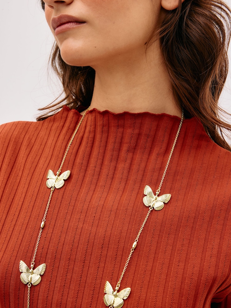 Gold Tone Butterfly Rope Necklace Made With Recycled Metals - Image 2 of 4