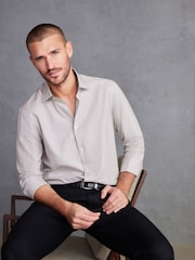 Neutral Brown Regular Fit Double Cuff Signature Textured Trimmed Formal Shirt - Image 4 of 7