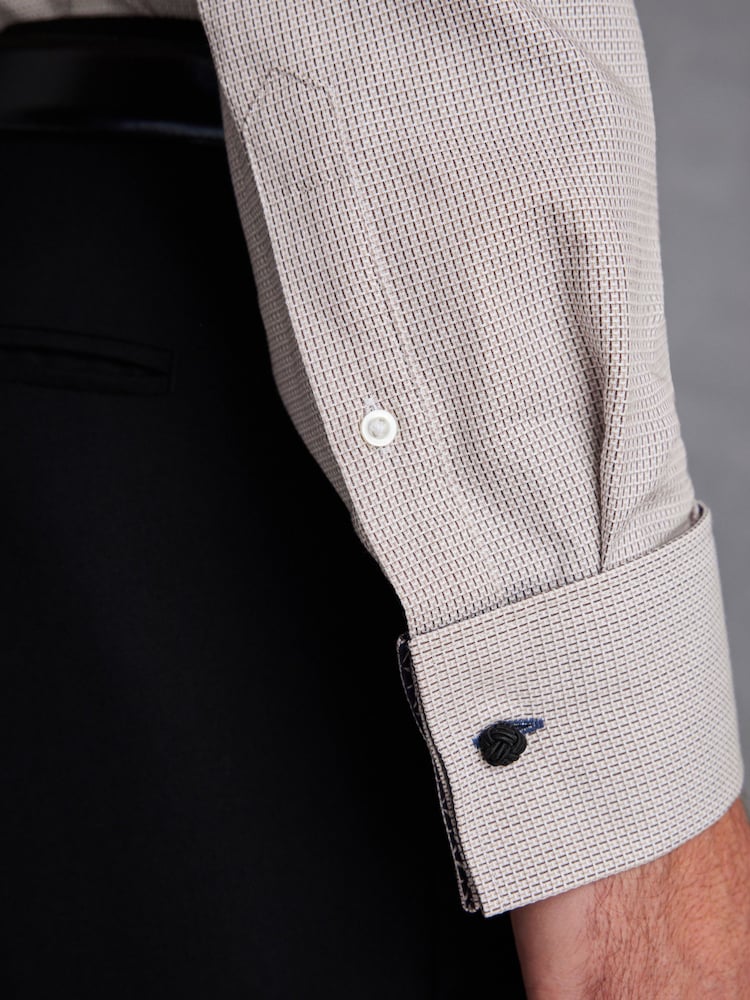 Neutral Brown Regular Fit Double Cuff Signature Textured Trimmed Formal Shirt - Image 7 of 7