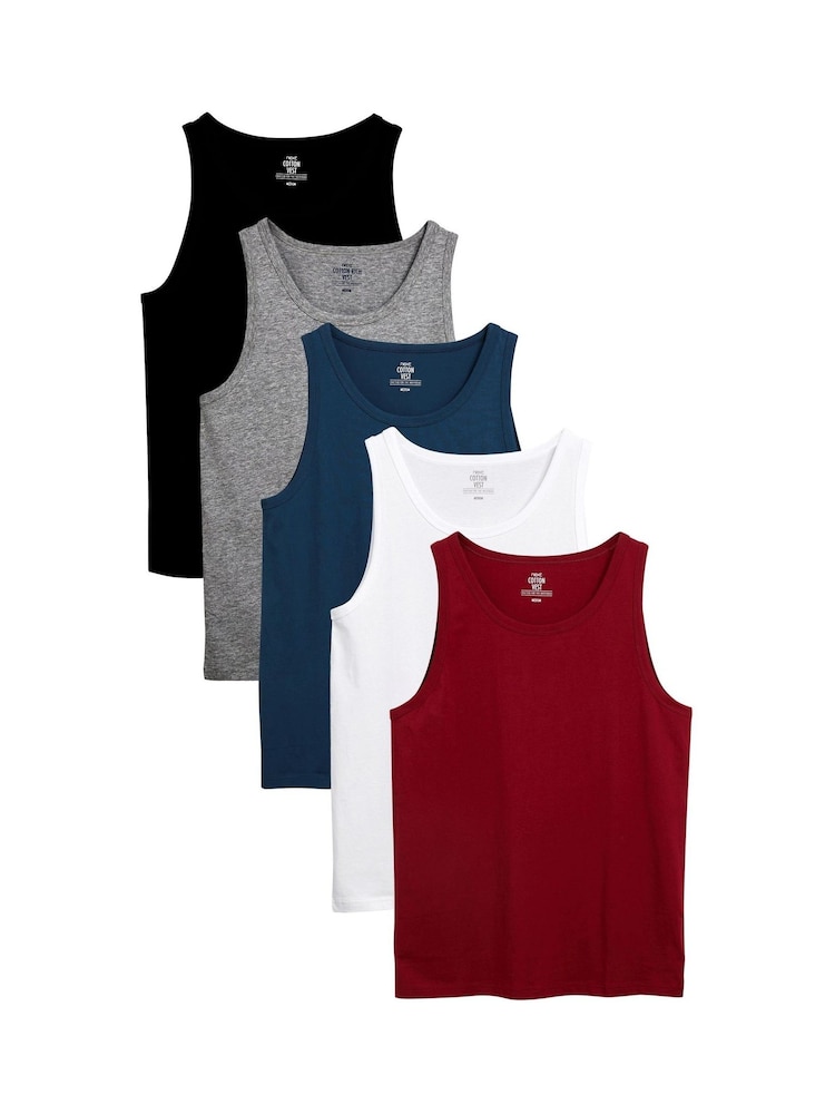Burgundy Red/Black/White/Navy/Grey Marl 100% Cotton Vests 5 Pack - Image 1 of 6