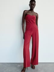 Mango Red Strapless Wide Leg Tailored Jumpsuit - Image 1 of 5