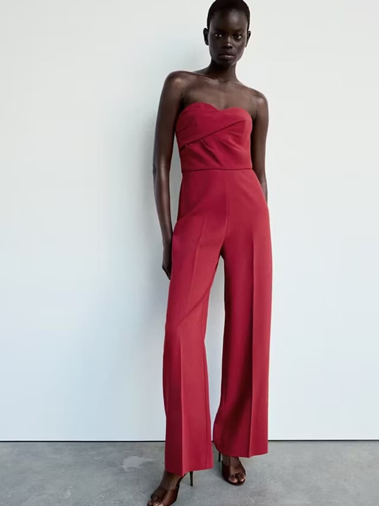 Mango Red Strapless Wide Leg Tailored Jumpsuit - Image 1 of 5