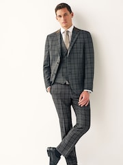 Charcoal Grey Tailored Fit Trimmed Check Suit Trousers - Image 2 of 7