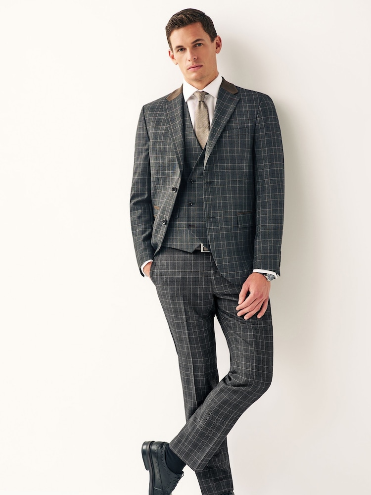 Charcoal Grey Tailored Fit Trimmed Check Suit Trousers - Image 2 of 7