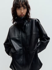 Mango Black PU Cinch-Waist Barn Jacket - Image 1 of 7