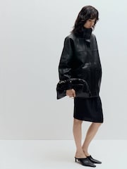 Mango Black PU Cinch-Waist Barn Jacket - Image 2 of 7