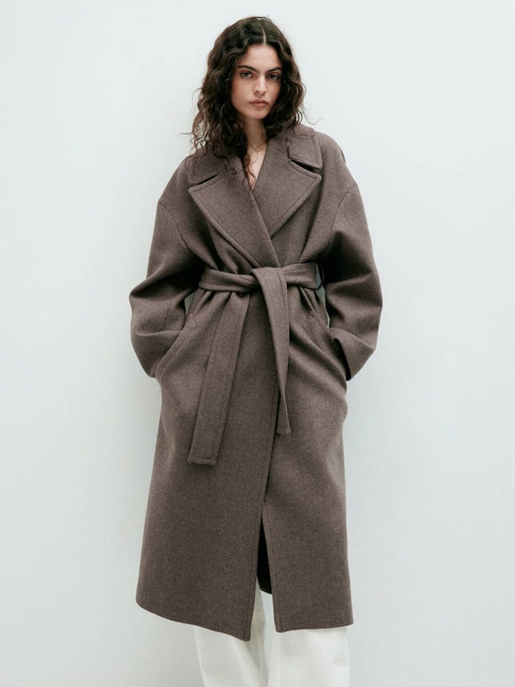 Mango Brown Wool Blend Belted Wrap Coat - Image 1 of 8 Mango Brown Wool Blend Belted Wrap Coat - Image 1 of 8