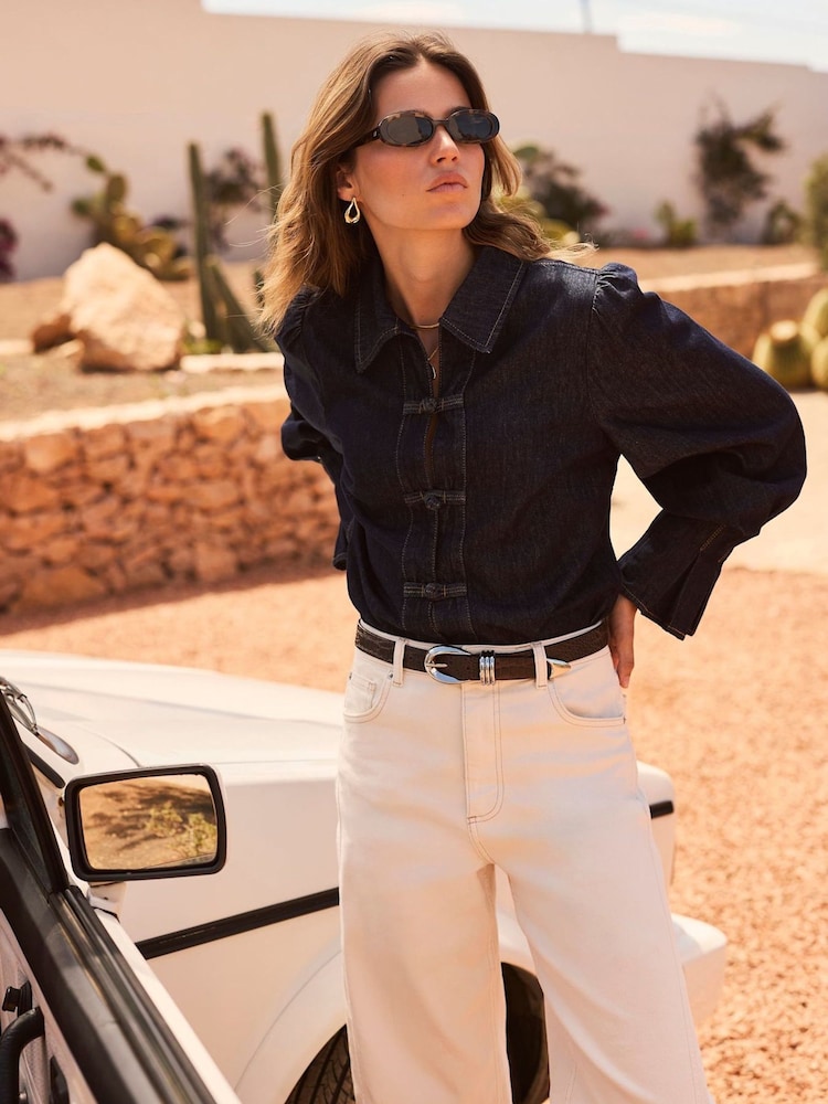 Mint Velvet Blue Denim Knot Button Shirt - Image 1 of 8 Mint Velvet Blue Denim Knot Button Shirt - Image 1 of 8