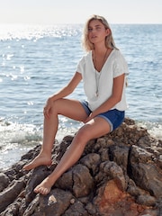 White V-Neck 100% Cotton Bubble Hem Top - Image 2 of 6