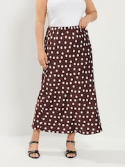 Yours Curve Brown Satin Spot Print Skirt - Image 1 of 6